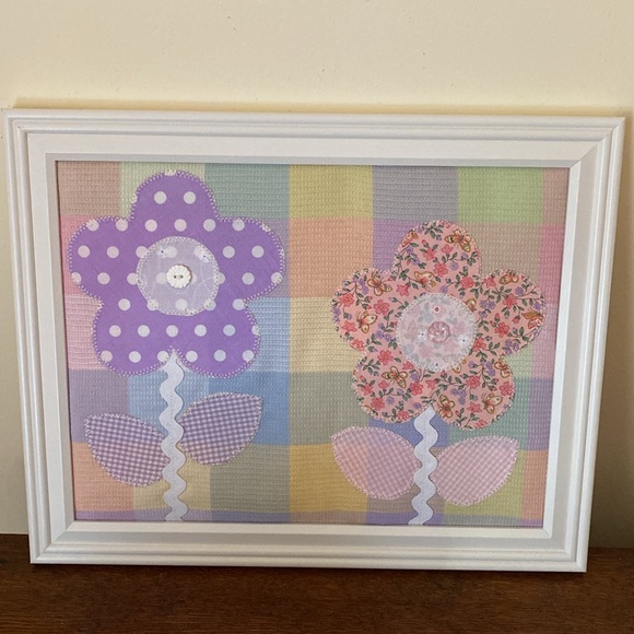 Pastel Fabric Appliqué Framed Flower Picture - Picture 9 of 11